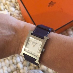 Authentic Hermès watch with plum leather wristband